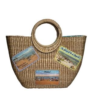 Cappelli Straworld Postcard Applique Straw Tote Bag French Market Style Beach